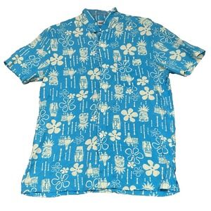 Shihiko Tiki Sponge Bob Bikini Bottom Hawaiian‎ Aloha Medium Cotton Shirt Blue